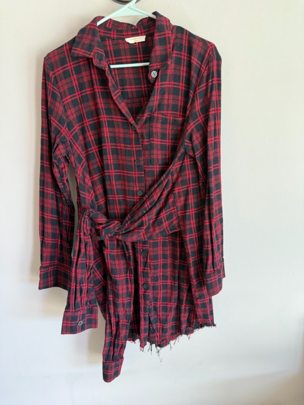 Chrysanthemum Red Black Plaid Flannel‎ Tie Waist Shirt Dress Small Raw Hem